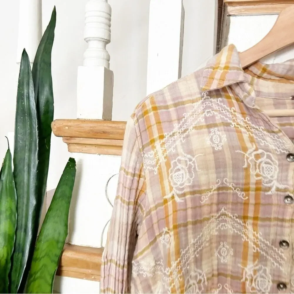 Free People Magic Plaid Button Down Long Sleeve Embroidered Shirt Top Size XS